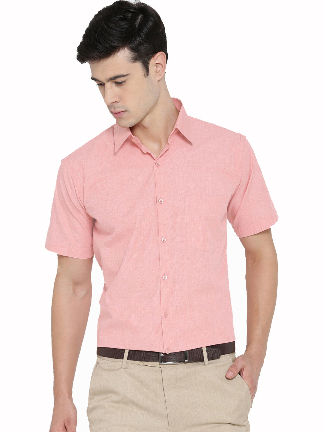 Men Light Coral Solid Slim Fit Pure Cotton Formal Shirt