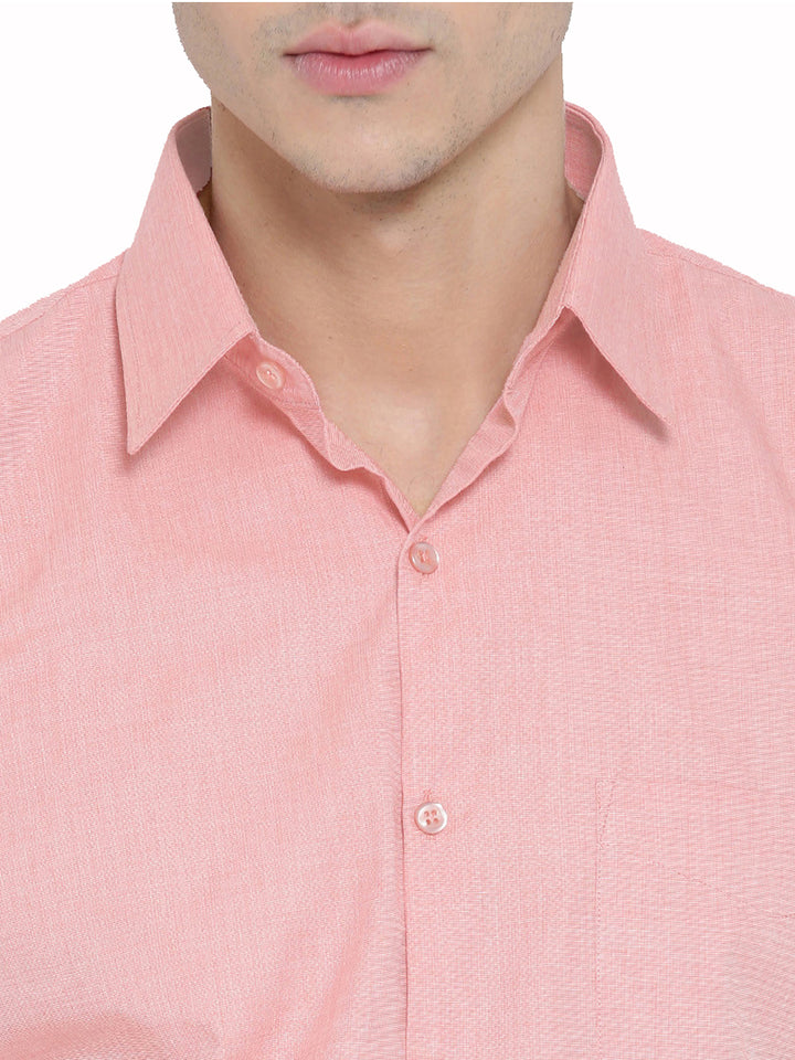 Men Light Coral Solid Slim Fit Pure Cotton Formal Shirt