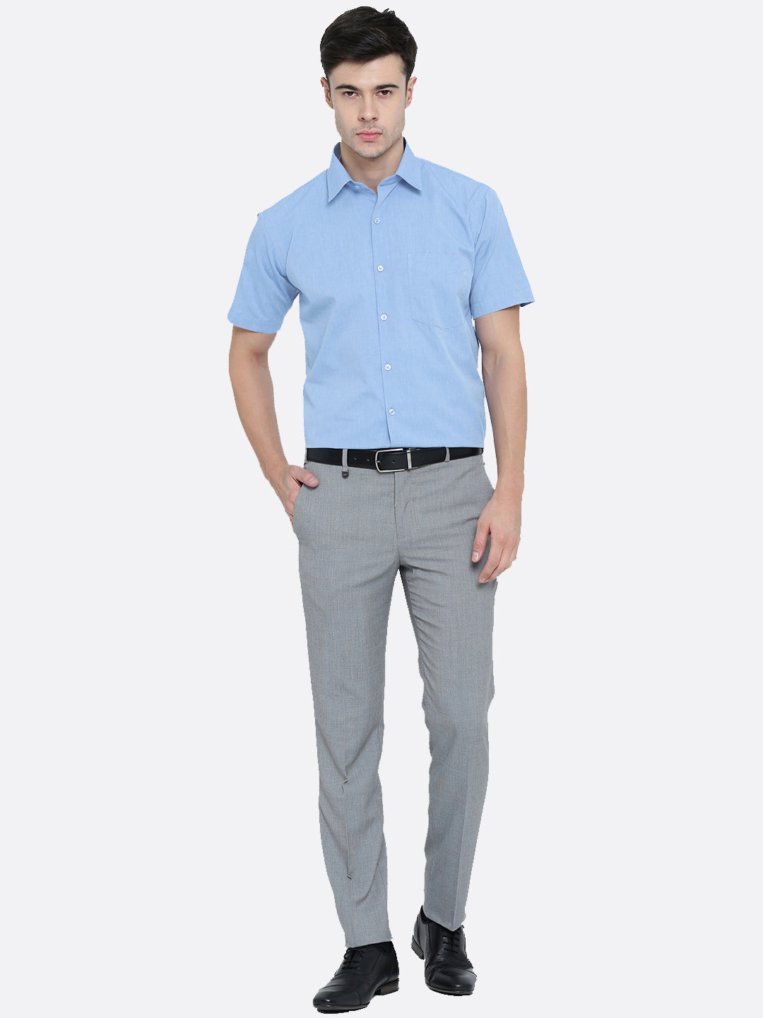 Men Sky Blue Solid Chambray Cotton Half Sleeve Formal Shirt