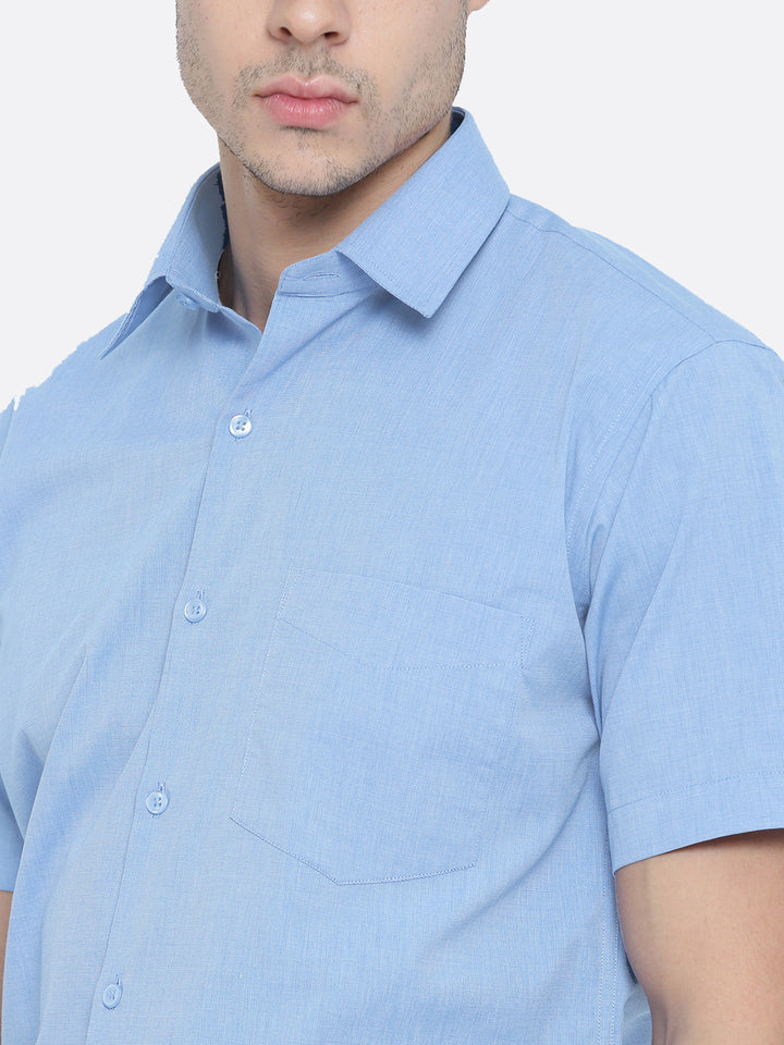 Men Sky Blue Solid Chambray Cotton Half Sleeve Formal Shirt