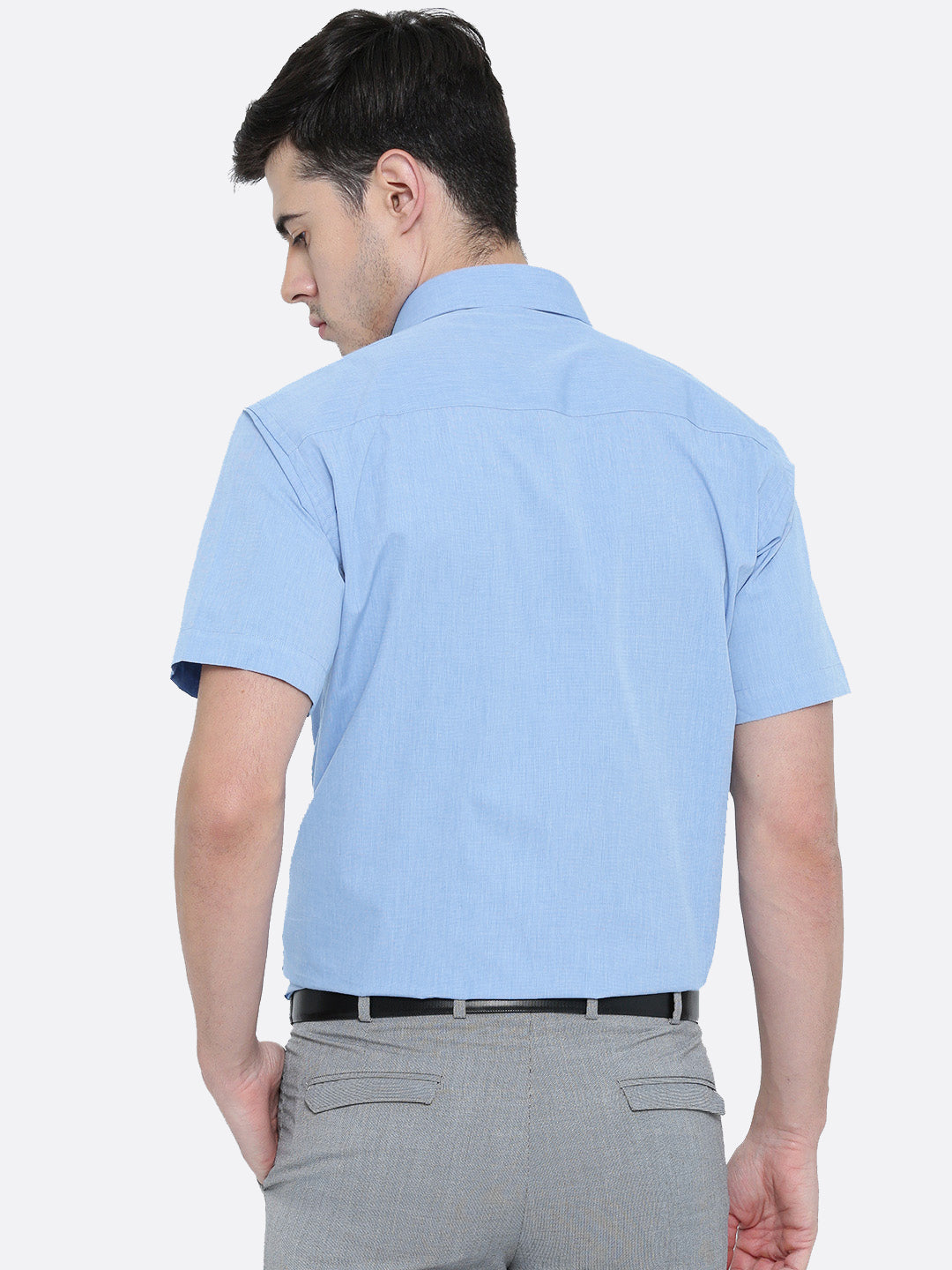 Men Sky Blue Solid Chambray Cotton Half Sleeve Formal Shirt