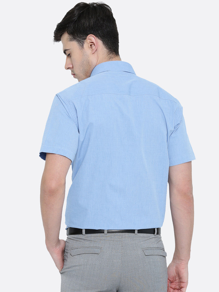 Men Sky Blue Solid Chambray Cotton Half Sleeve Formal Shirt