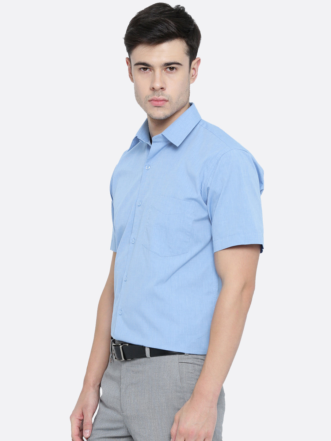 Men Sky Blue Solid Chambray Cotton Half Sleeve Formal Shirt