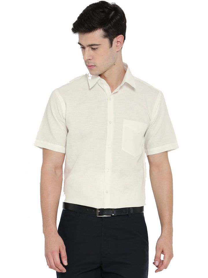 Men Cream Solid Linen Cotton Slim Fit Formal Shirt