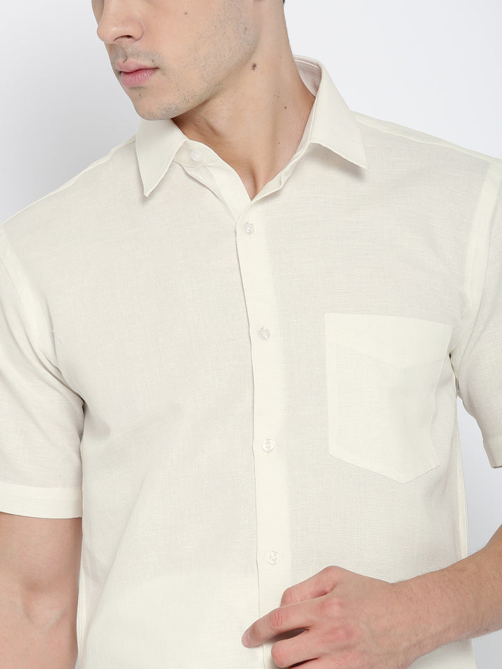 Men Cream Solid Linen Cotton Slim Fit Formal Shirt
