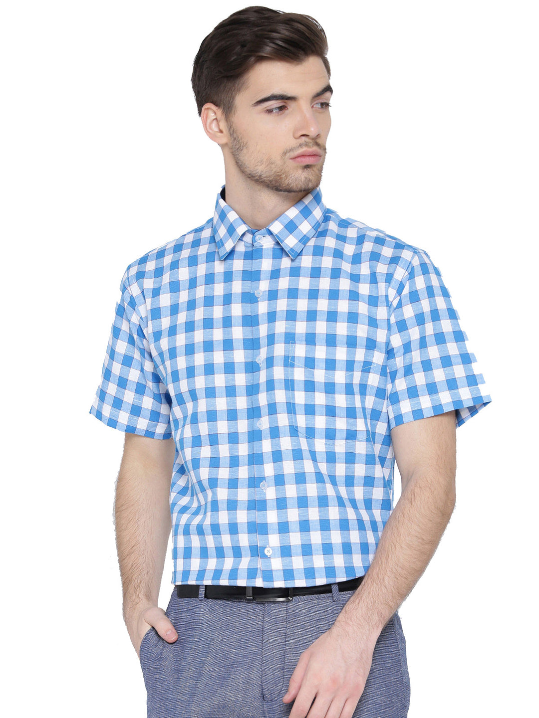 Men White and Blue Checked Linen Cotton Slim Fit Formal Shirt