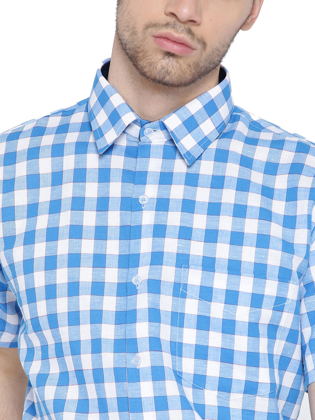 Men White and Blue Checked Linen Cotton Slim Fit Formal Shirt