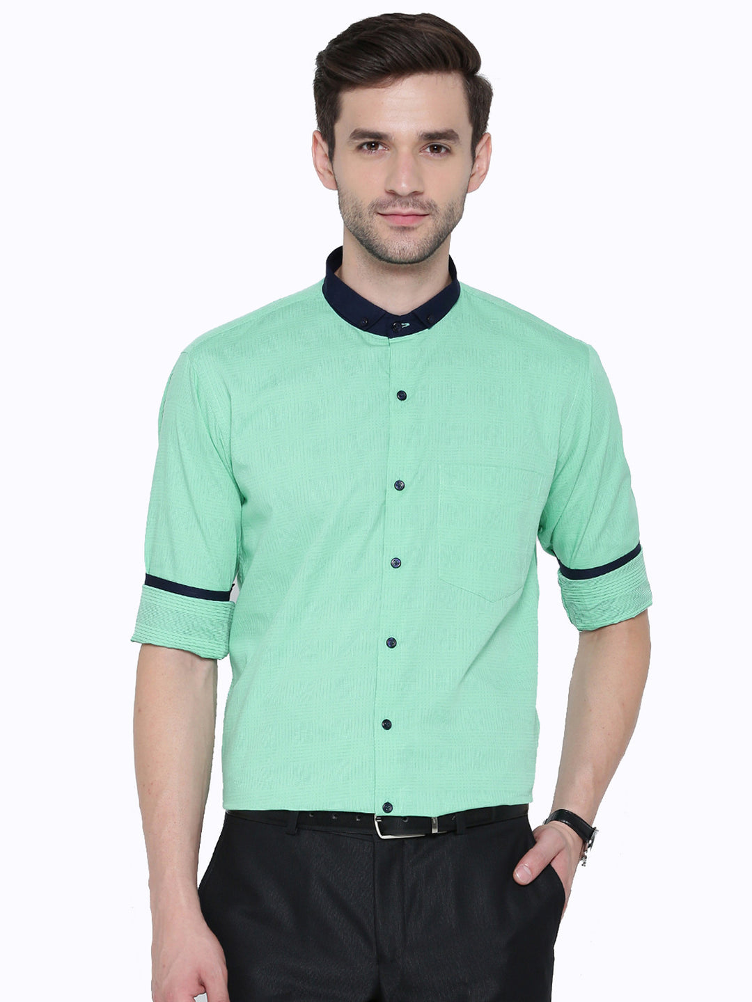 Men Green Jacquard Pure Cotton Slim Fit Casual Shirt