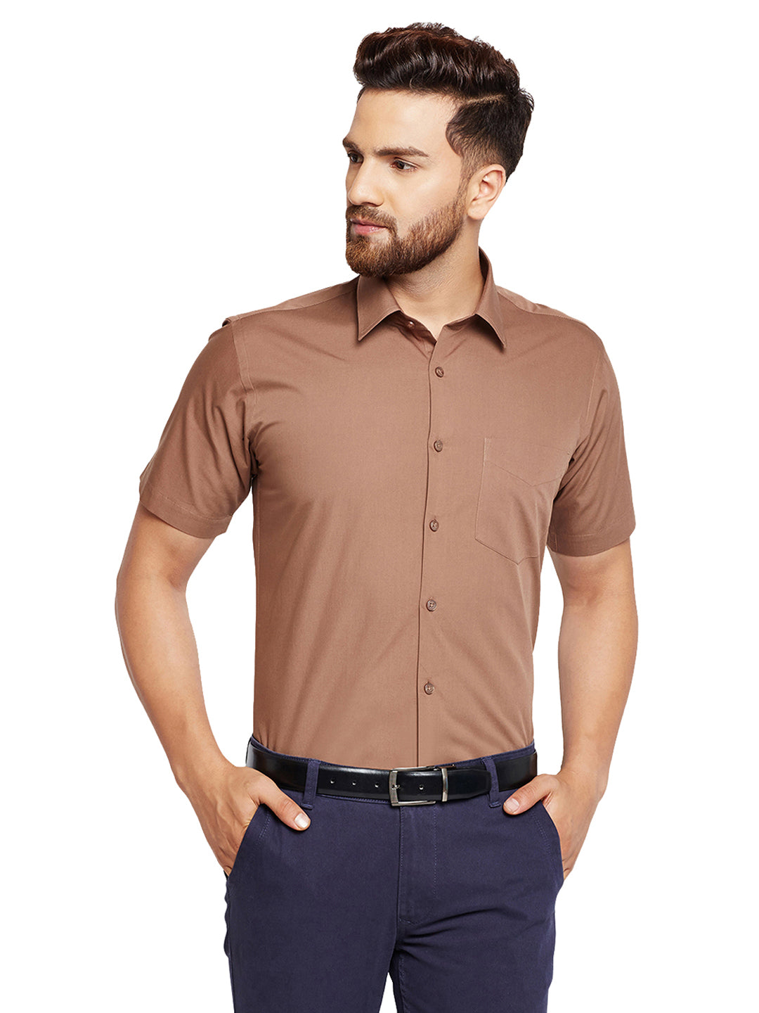 Men Brown Solid Slim Fit Pure Cotton Formal Shirt