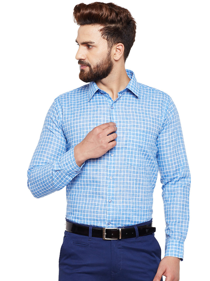 Men Blue Checked Slim Fit Formal Shirt