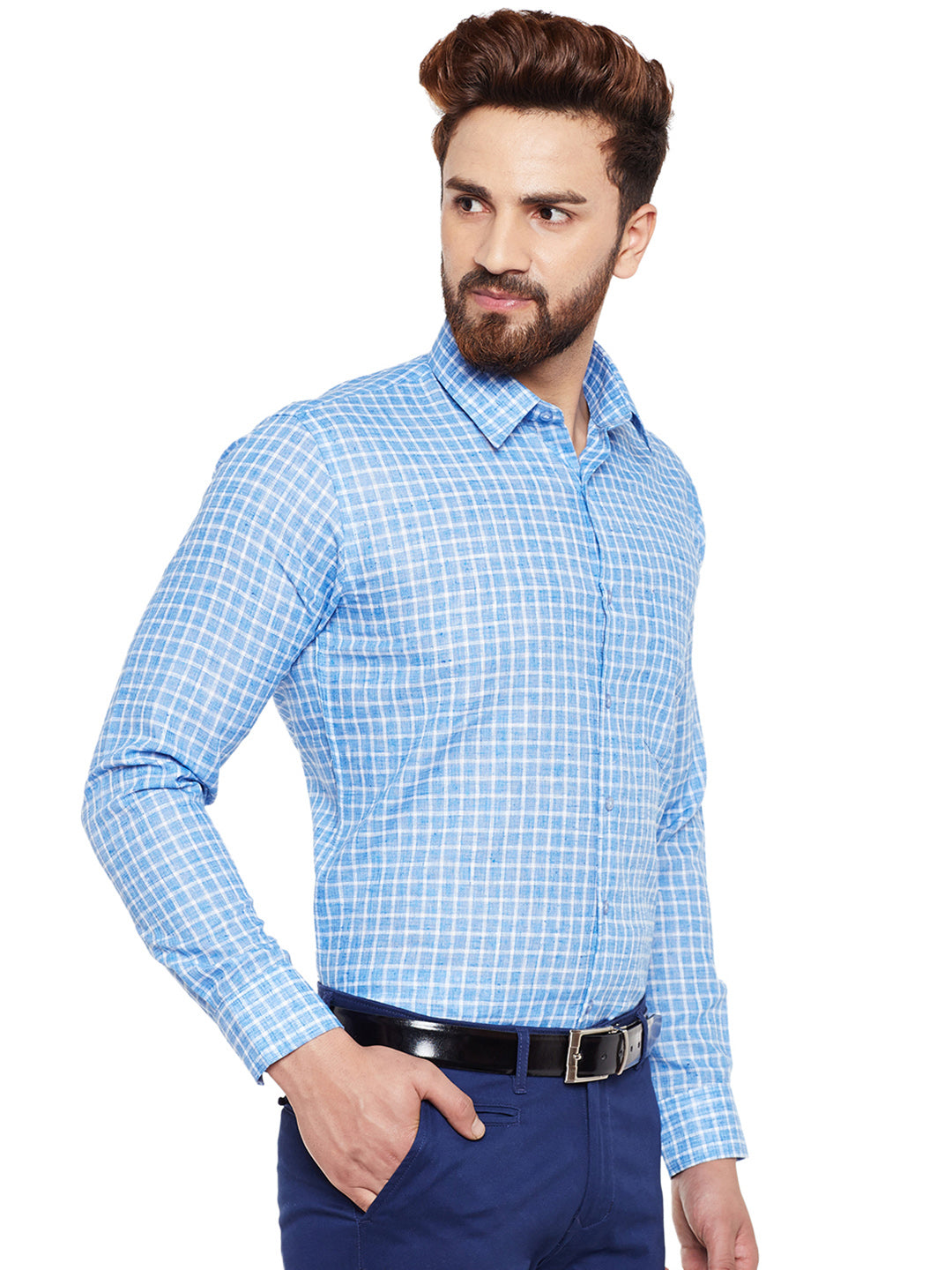 Men Blue Checked Slim Fit Formal Shirt