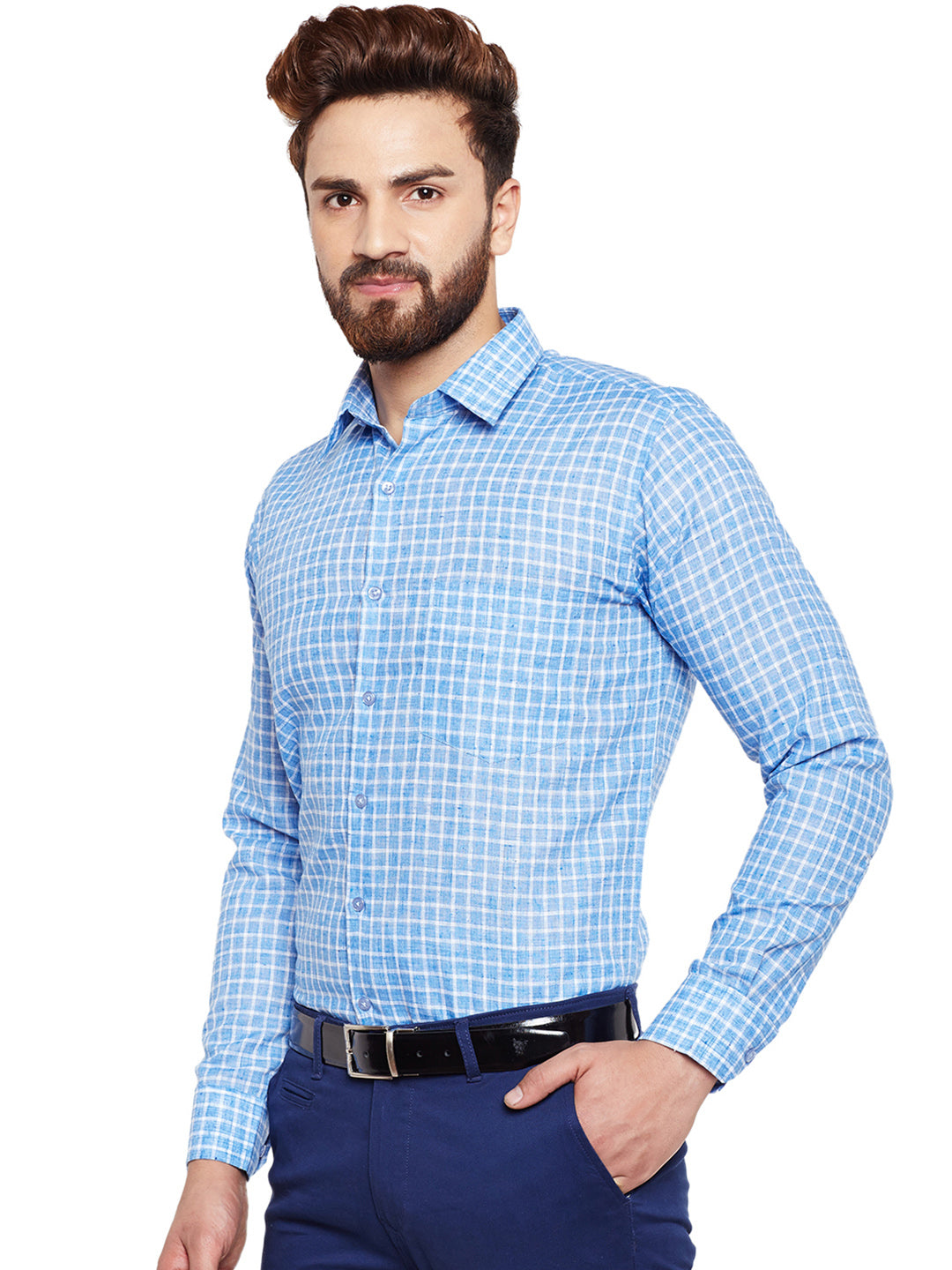Men Blue Checked Slim Fit Formal Shirt