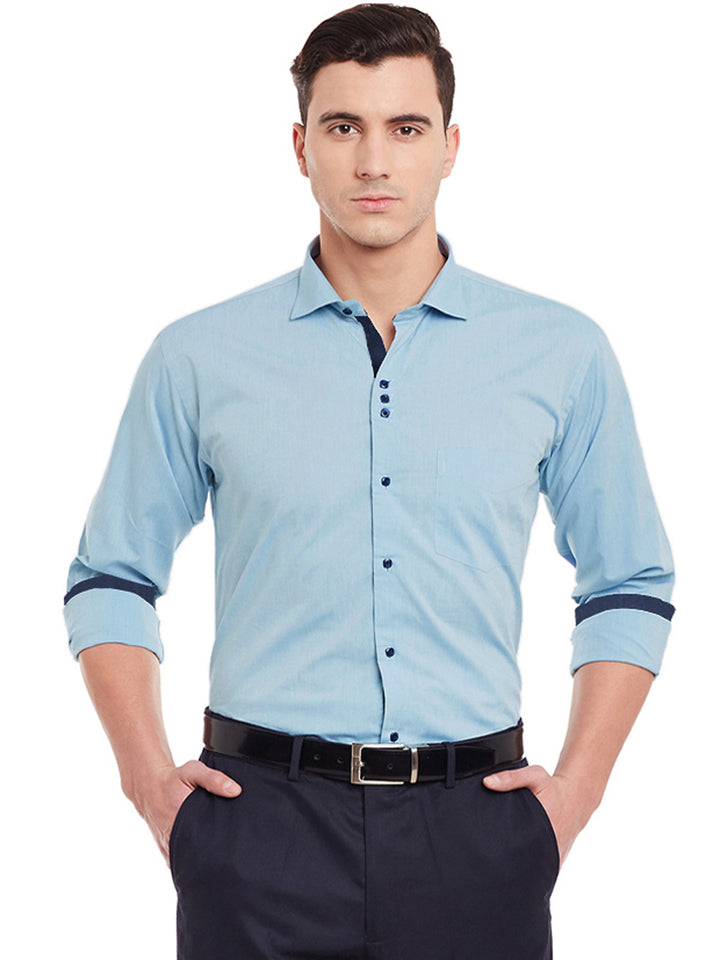 Men Blue Solid Pure Cotton Slim Fit Formal Shirt