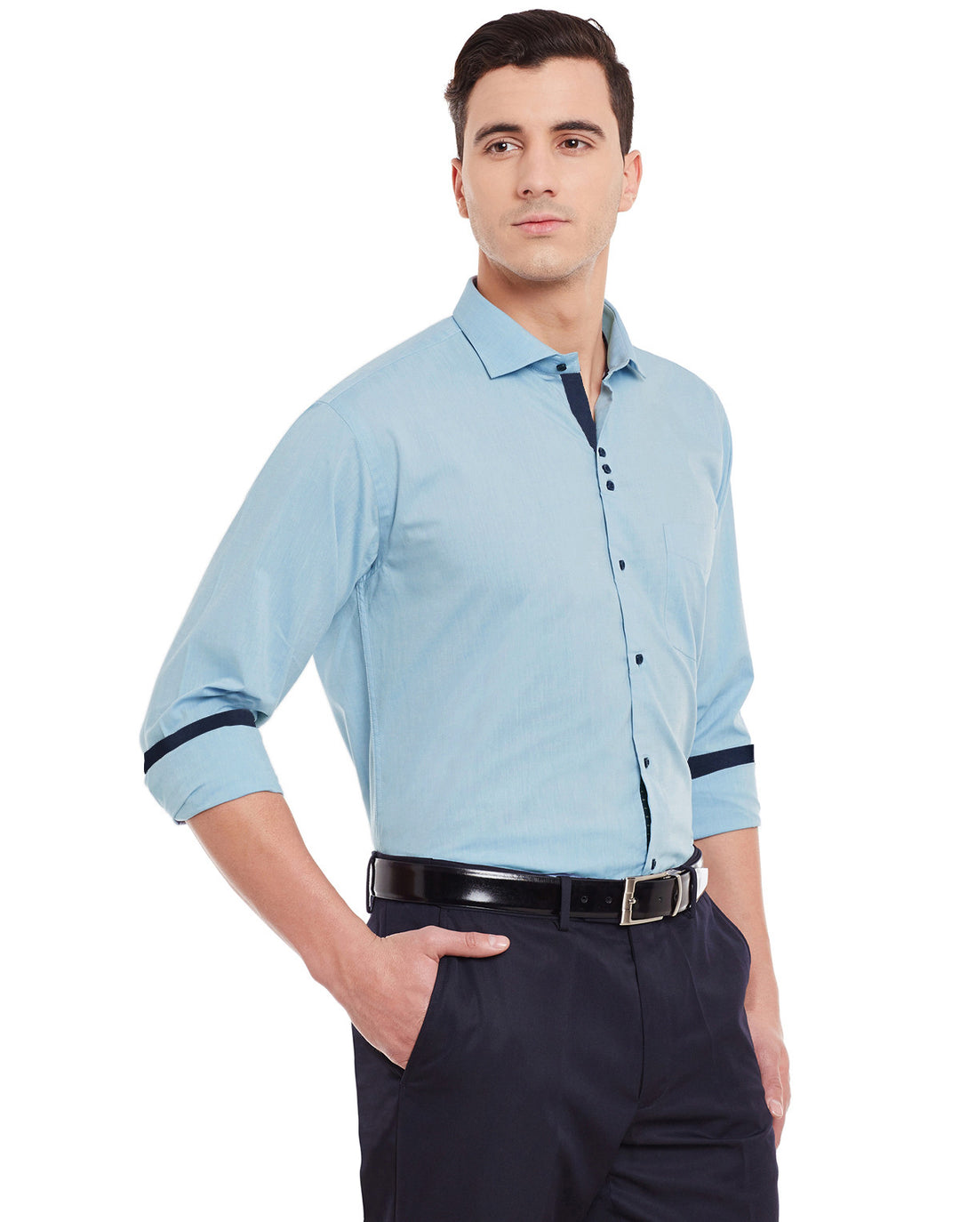 Men Blue Solid Pure Cotton Slim Fit Formal Shirt