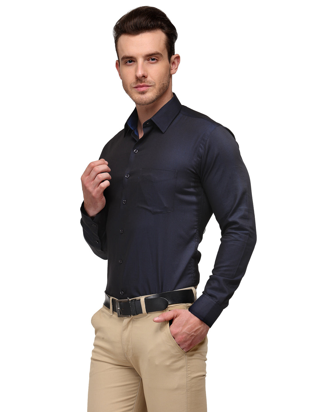 Men Navy Solid Slim Fit Pure Cotton Formal Shirt