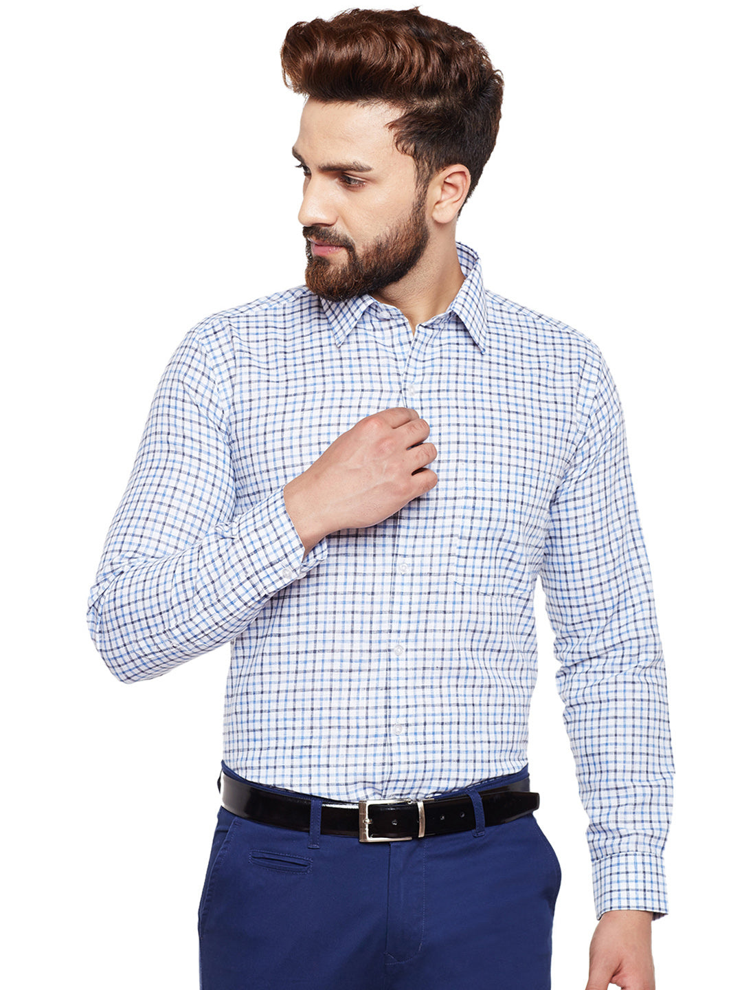 Men Blue Checked Slim Fit Formal Shirt