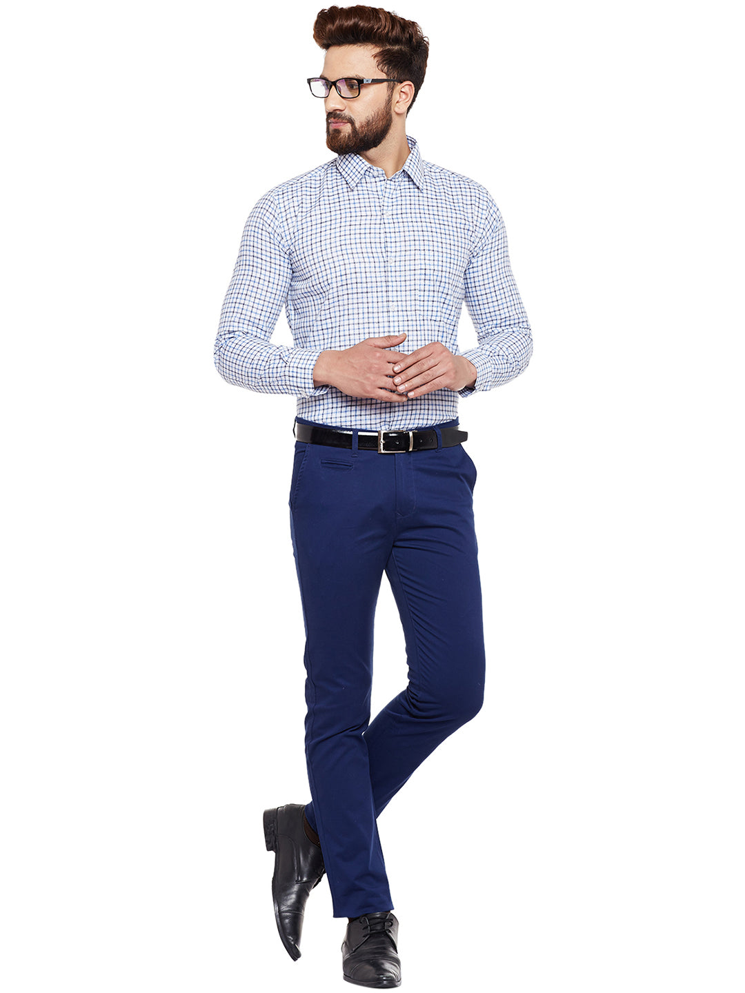 Men Blue Checked Slim Fit Formal Shirt