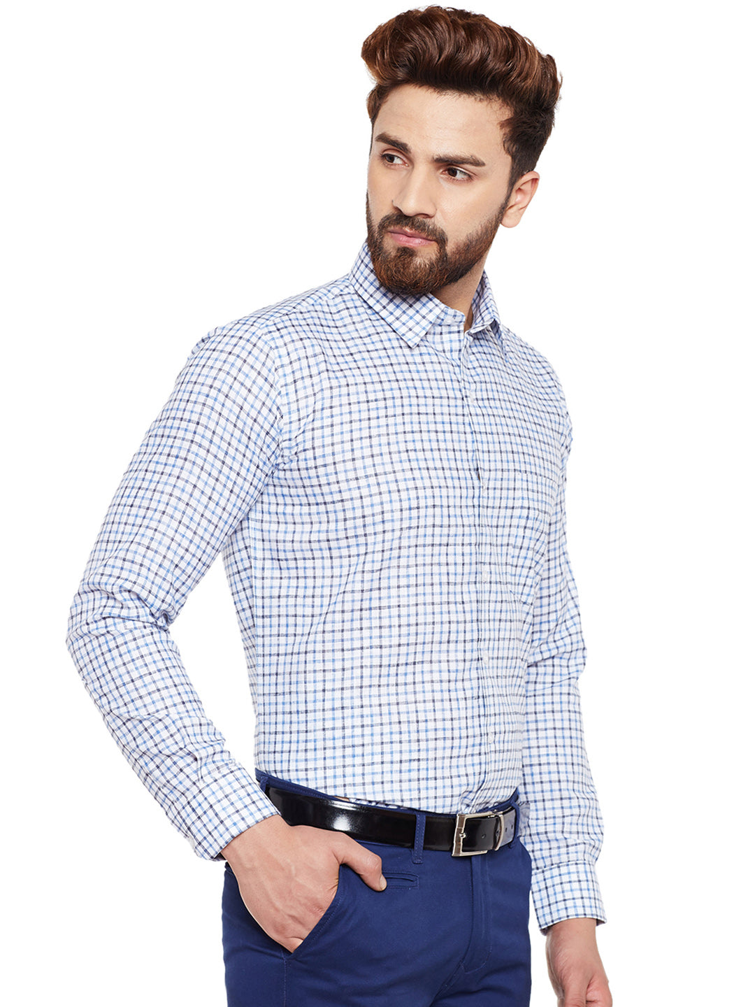 Men Blue Checked Slim Fit Formal Shirt