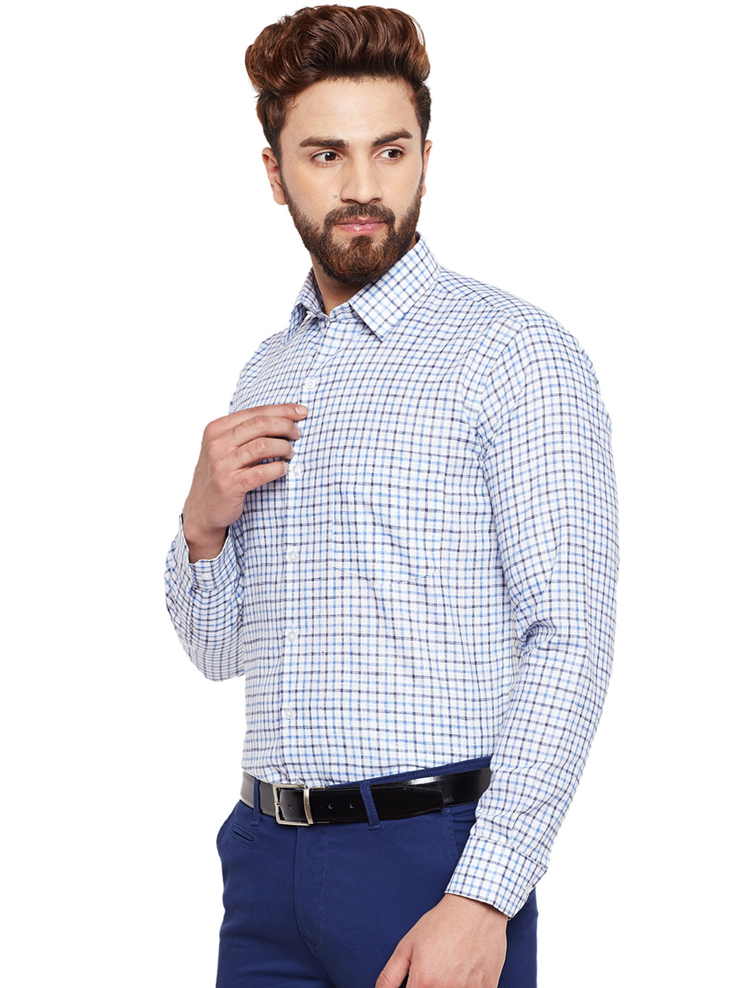 Men Blue Checked Slim Fit Formal Shirt