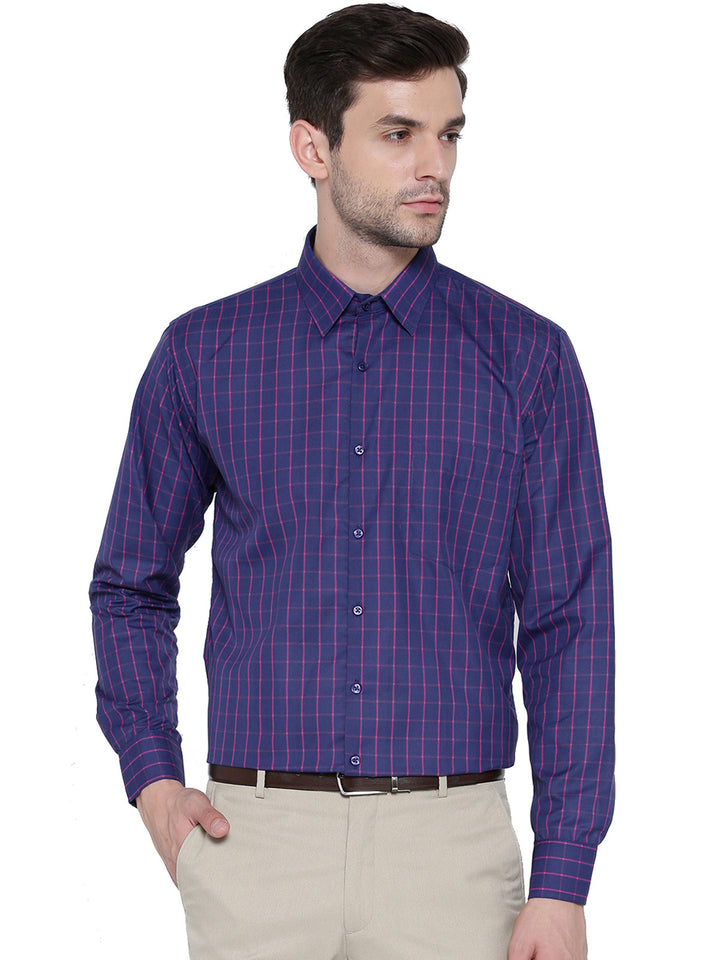 Men Navy Checked Slim Fit Formal Shirt