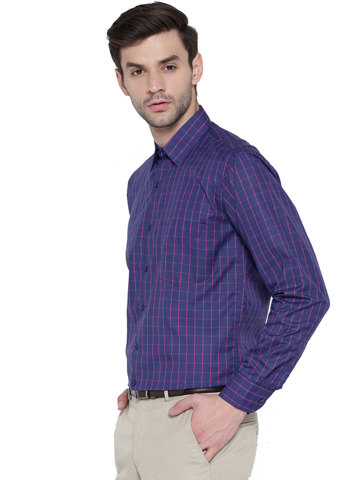 Men Navy Checked Slim Fit Formal Shirt