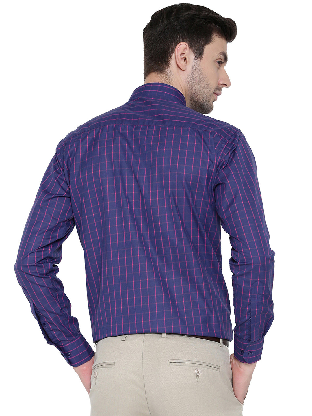 Men Navy Checked Slim Fit Formal Shirt