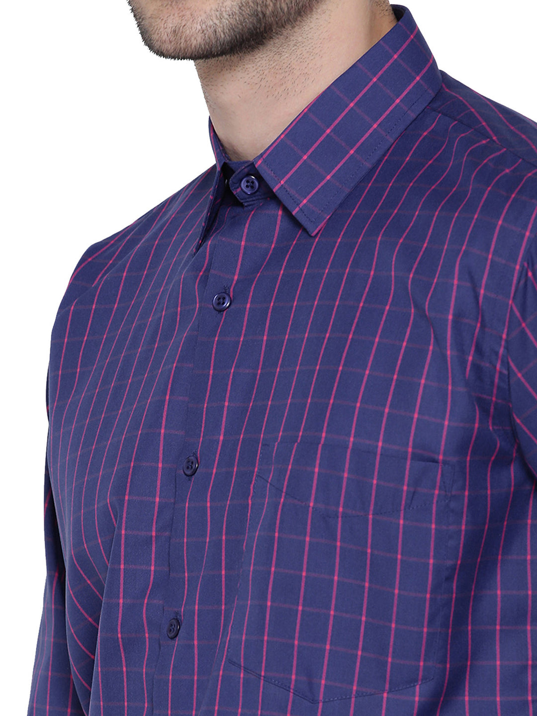 Men Navy Checked Slim Fit Formal Shirt