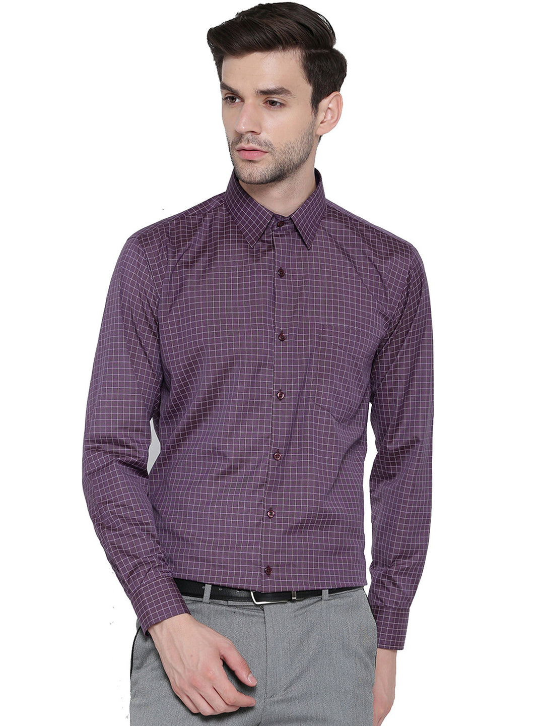 Men Wine Checked Slim Fit Formal Shirt
