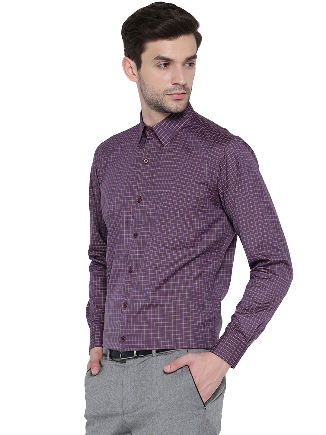 Men Wine Checked Slim Fit Formal Shirt