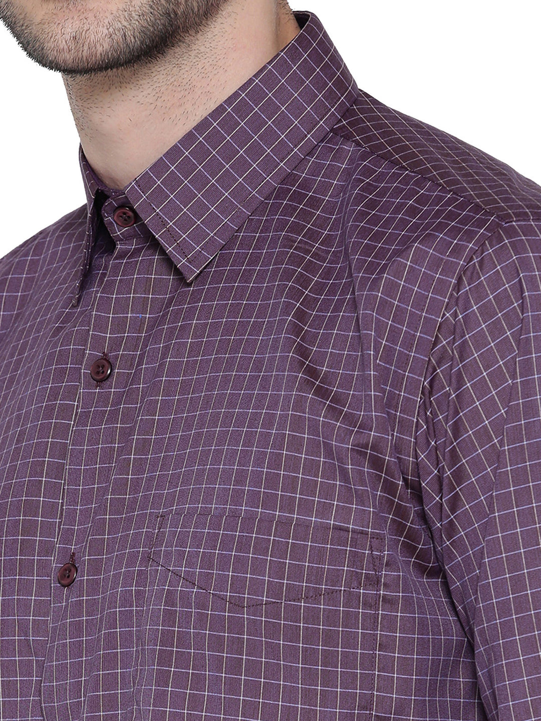 Men Wine Checked Slim Fit Formal Shirt