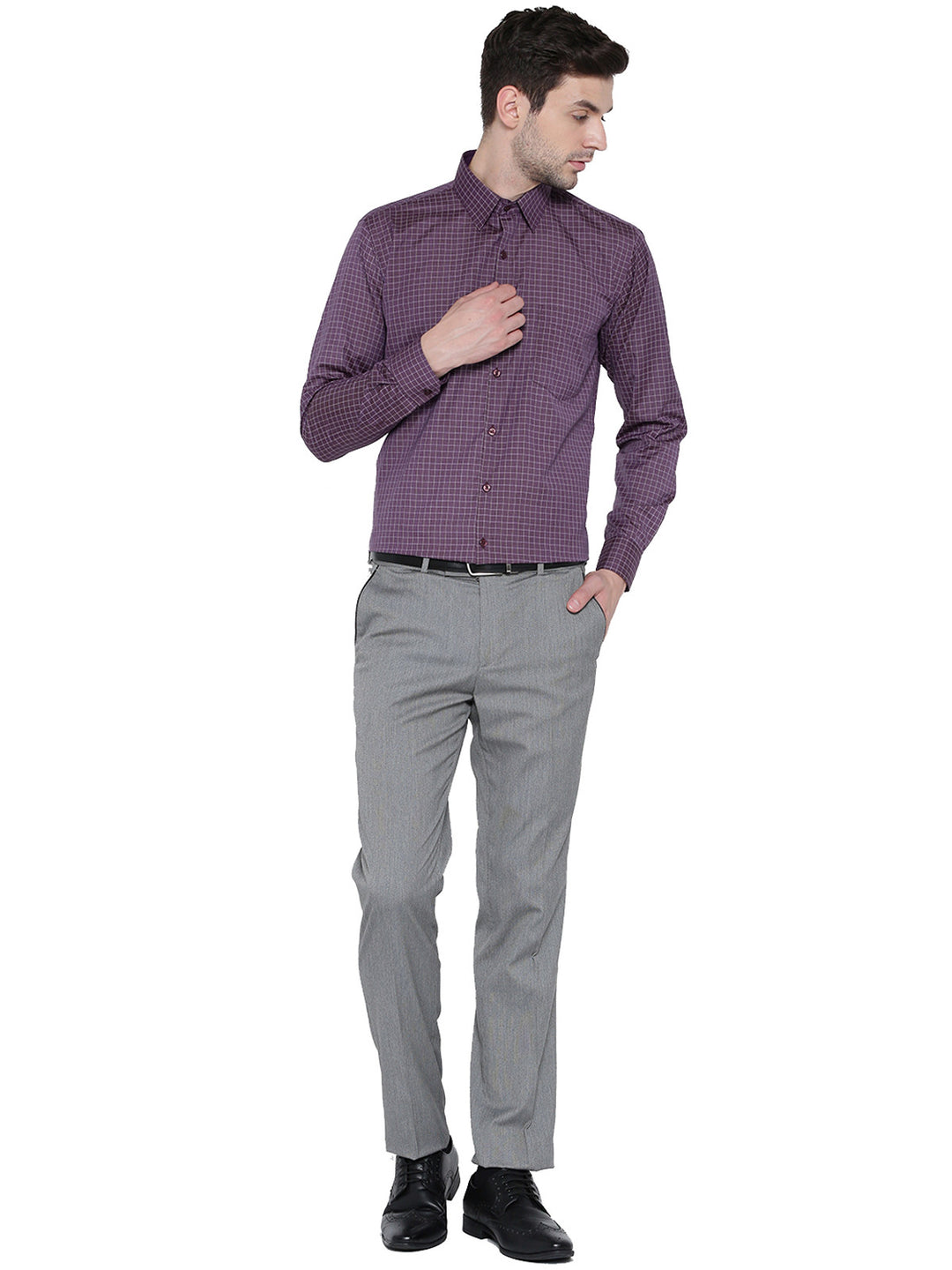 Men Wine Checked Slim Fit Formal Shirt