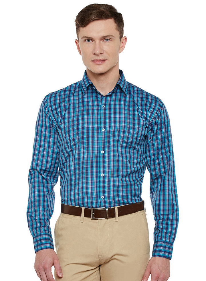Men Navy and Green Checked Slim Fit Formal Shirt