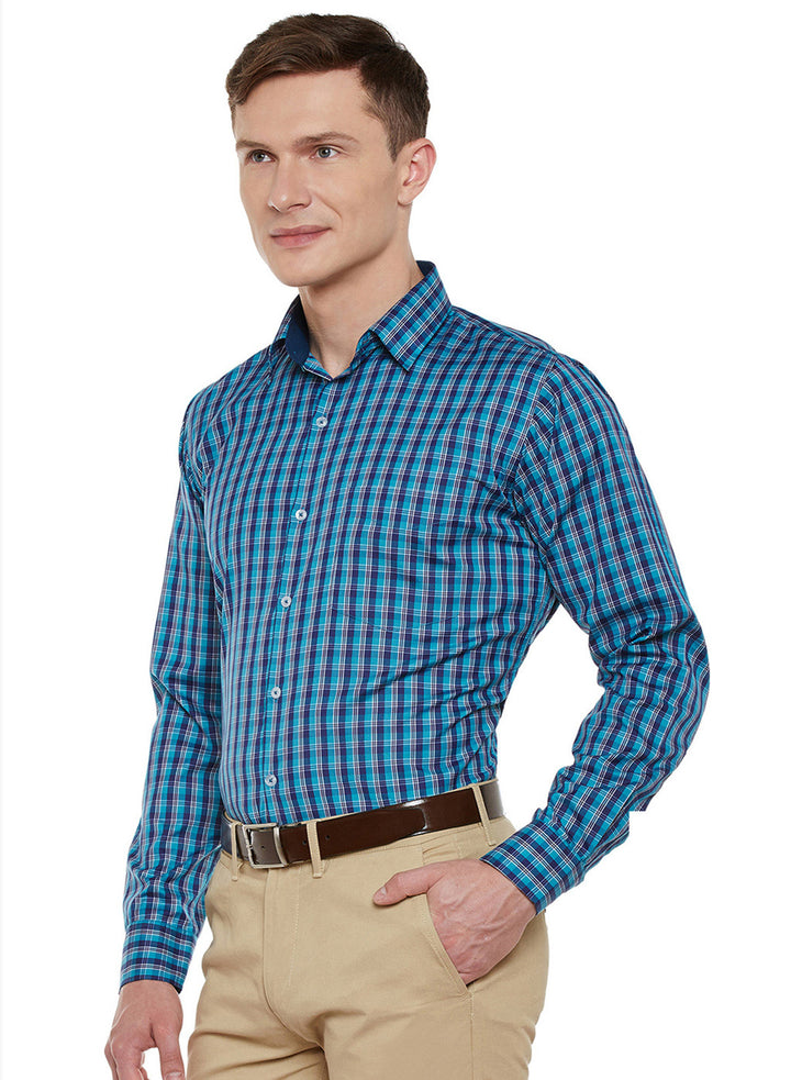 Men Navy and Green Checked Slim Fit Formal Shirt