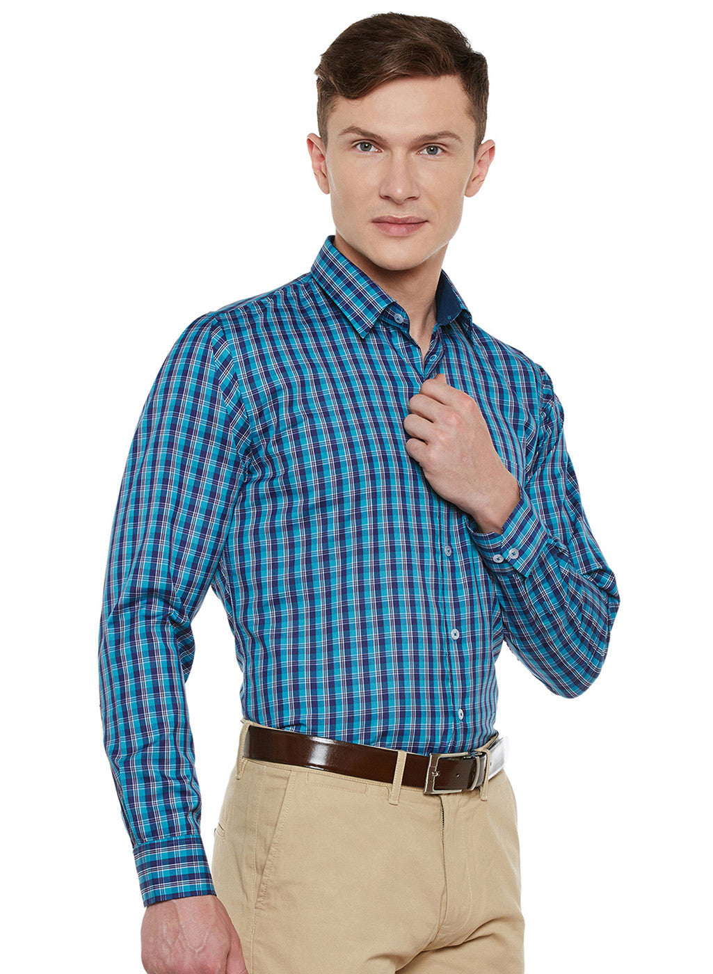 Men Navy and Green Checked Slim Fit Formal Shirt