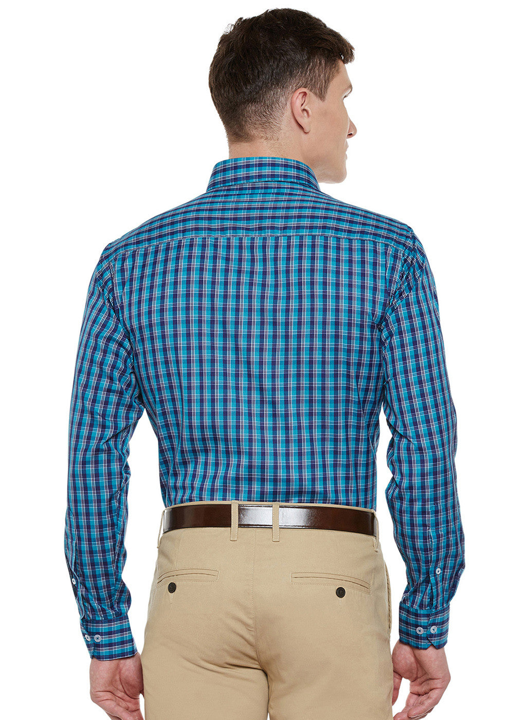 Men Navy and Green Checked Slim Fit Formal Shirt