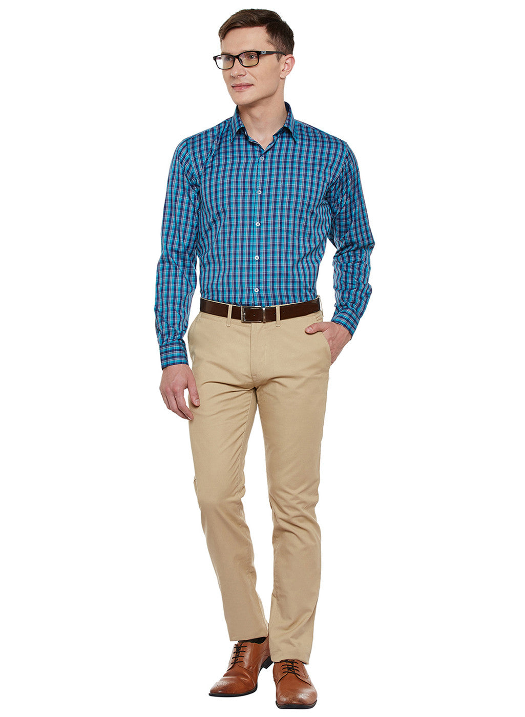 Men Navy and Green Checked Slim Fit Formal Shirt