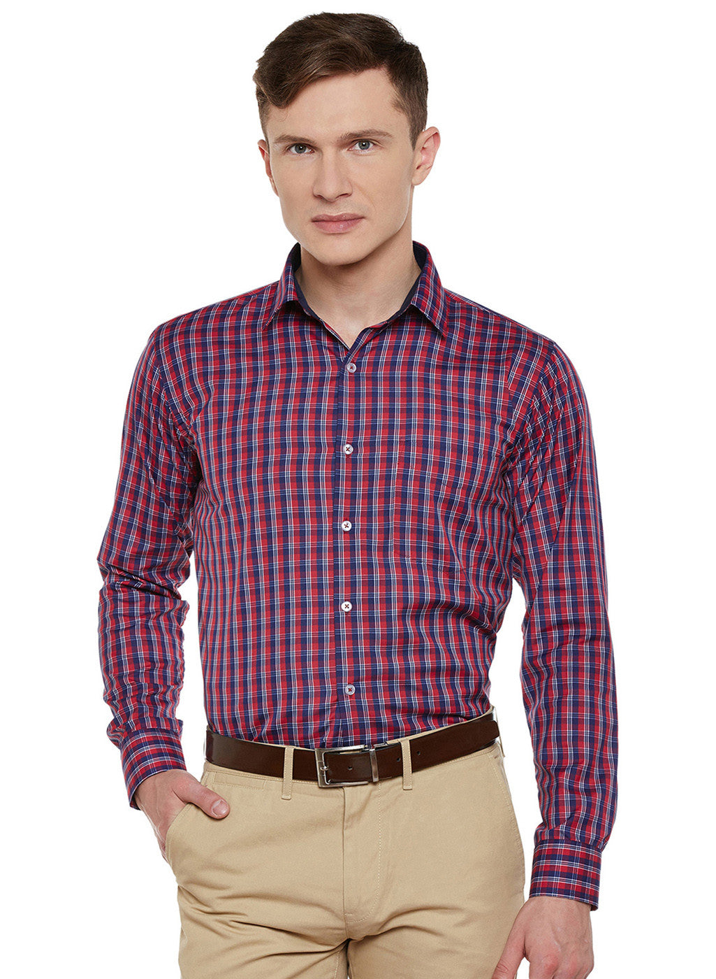 Men Navy and Red Checked Slim Fit Formal Shirt