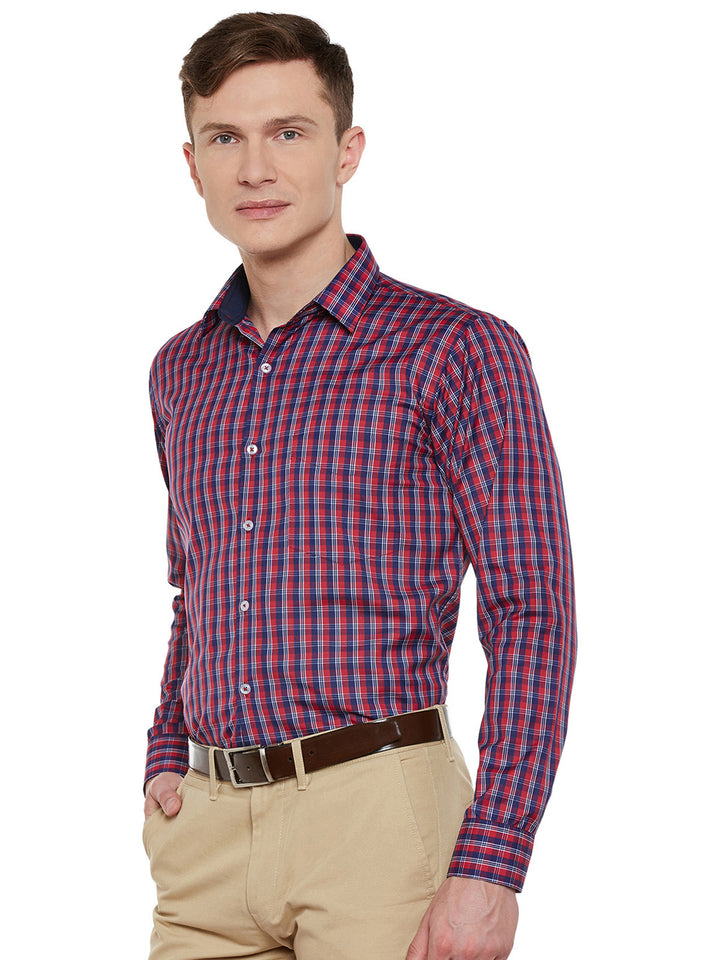 Men Navy and Red Checked Slim Fit Formal Shirt