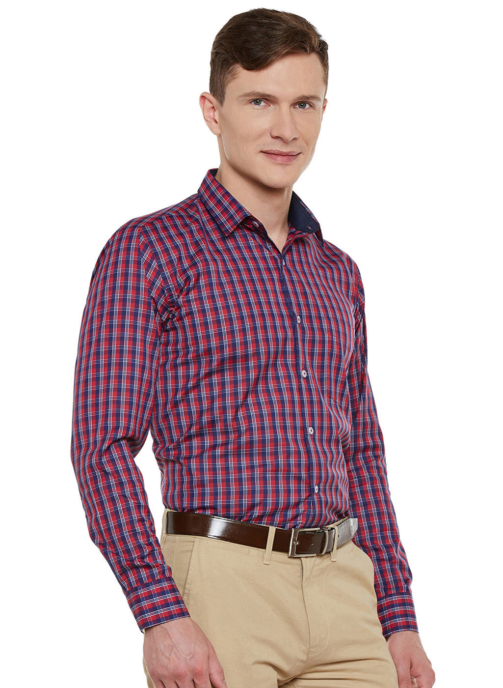 Men Navy and Red Checked Slim Fit Formal Shirt