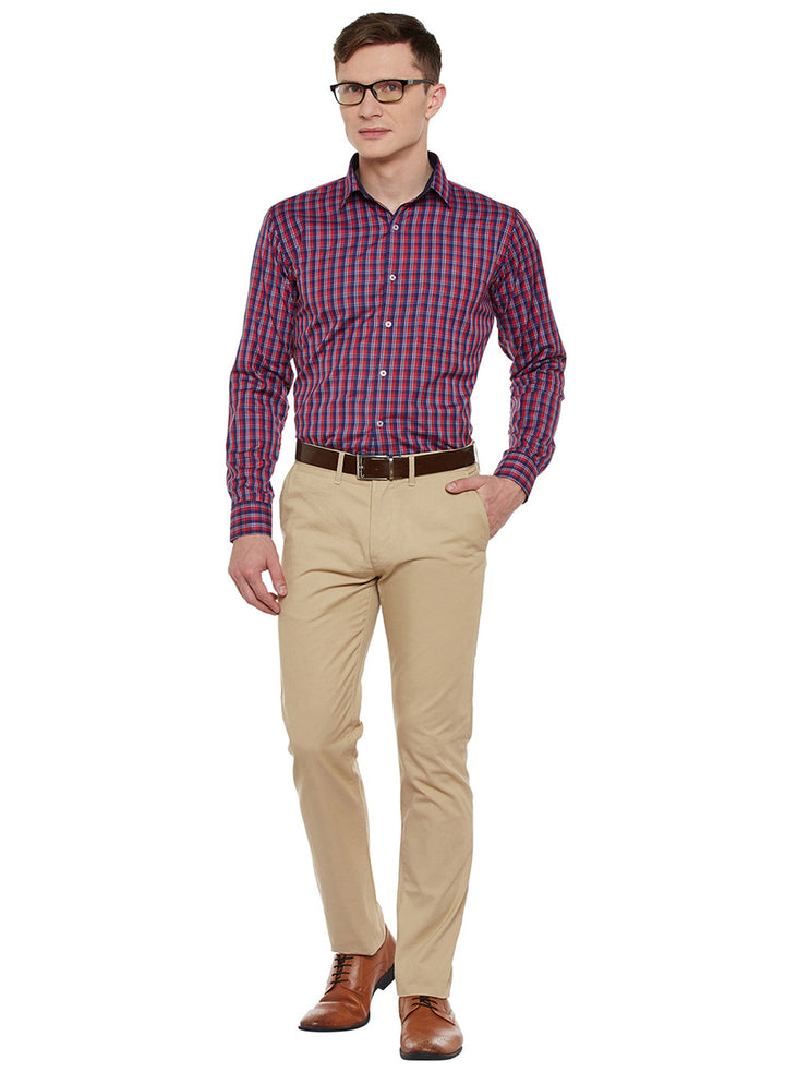Men Navy and Red Checked Slim Fit Formal Shirt