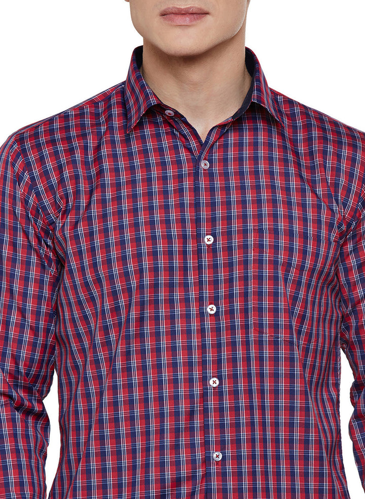 Men Navy and Red Checked Slim Fit Formal Shirt