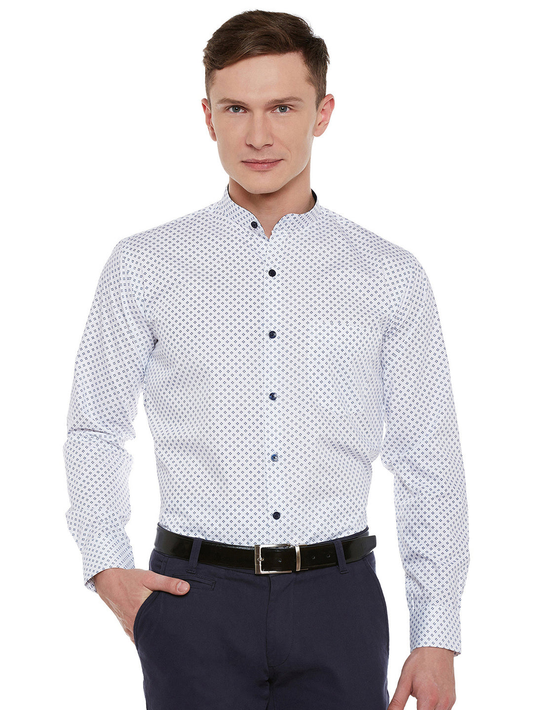 Men White Printed Pure Cotton Slim Fit Formal Shirt