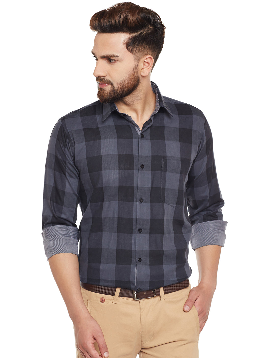 Men Grey Checked Slim Fit Casual Shirt