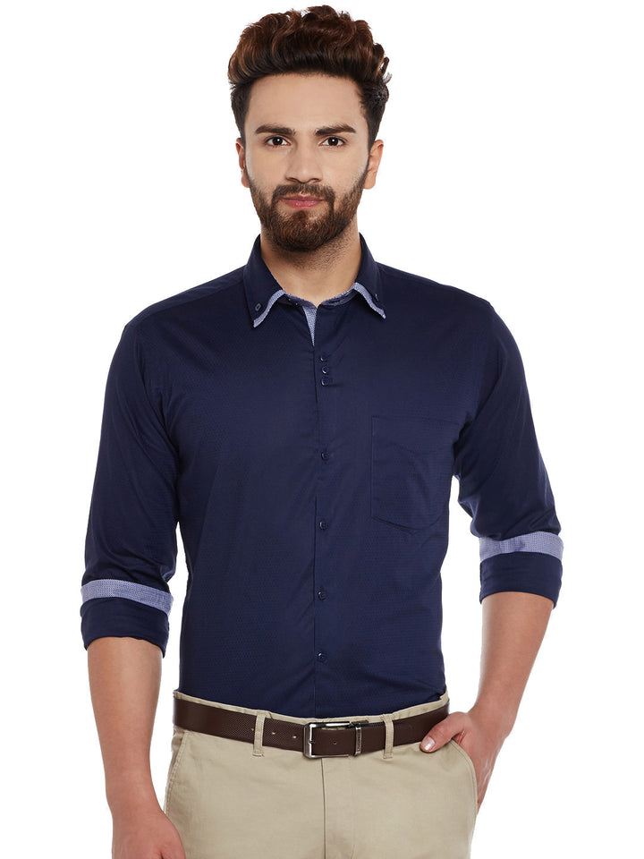 Men Navy Solid Pure Cotton Slim Fit  Casual Shirt
