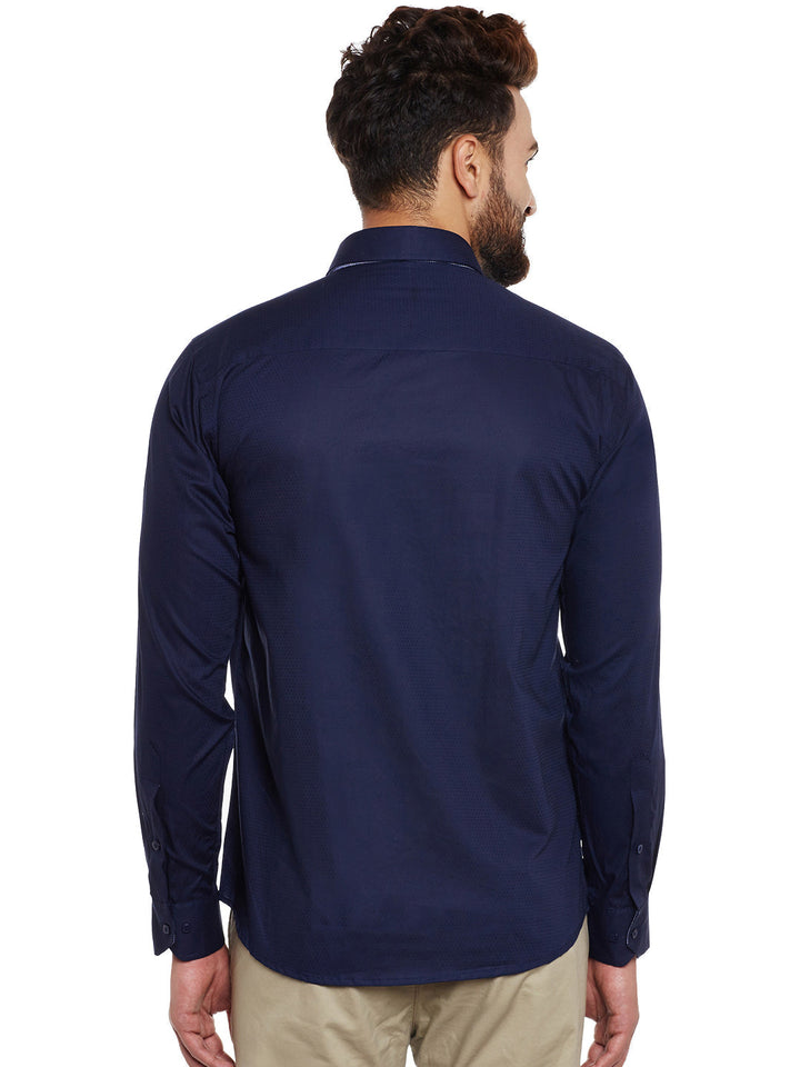 Men Navy Solid Pure Cotton Slim Fit  Casual Shirt