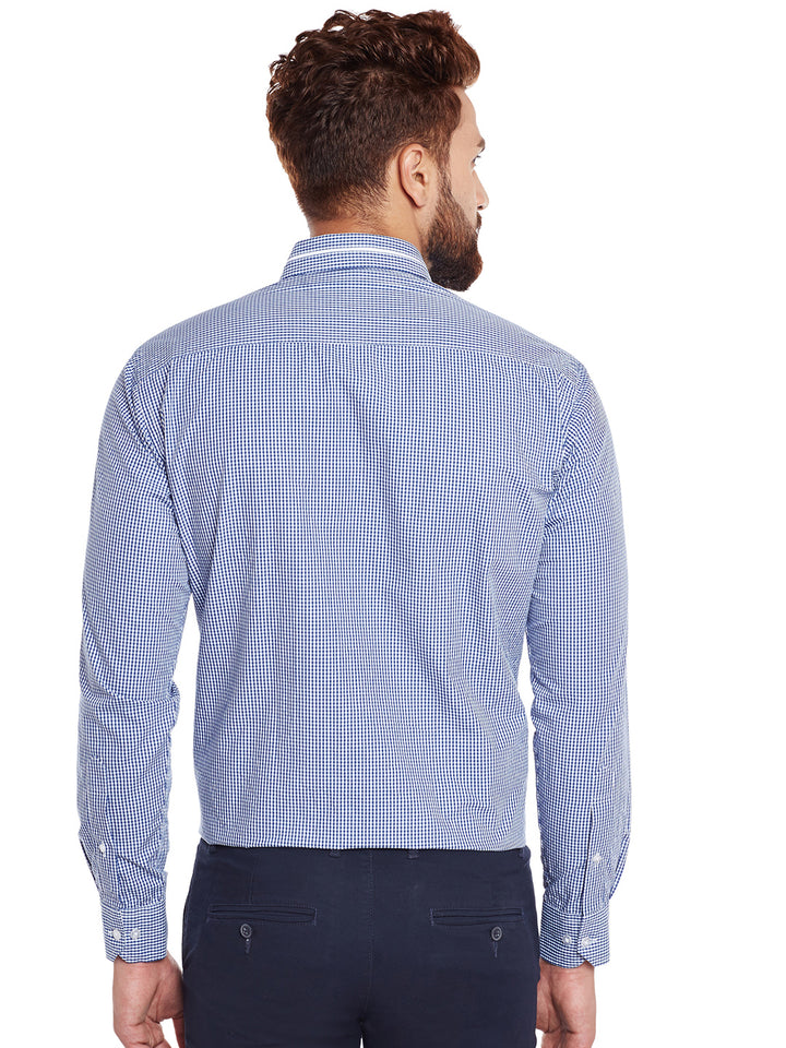 Men Blue & White Checkered Pure Cotton Slim Fit Formal Shirt