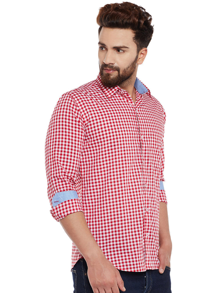 Men Red and White Checks  Pure Cotton Slim Fit Casual Shirt