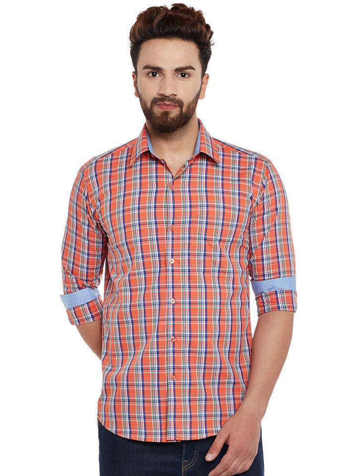 Men Orange Checks  Pure Cotton Slim Fit Casual Shirt