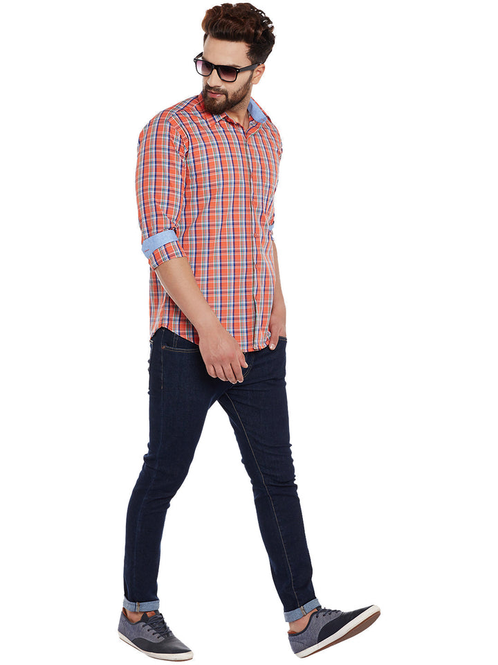 Men Orange Checks  Pure Cotton Slim Fit Casual Shirt