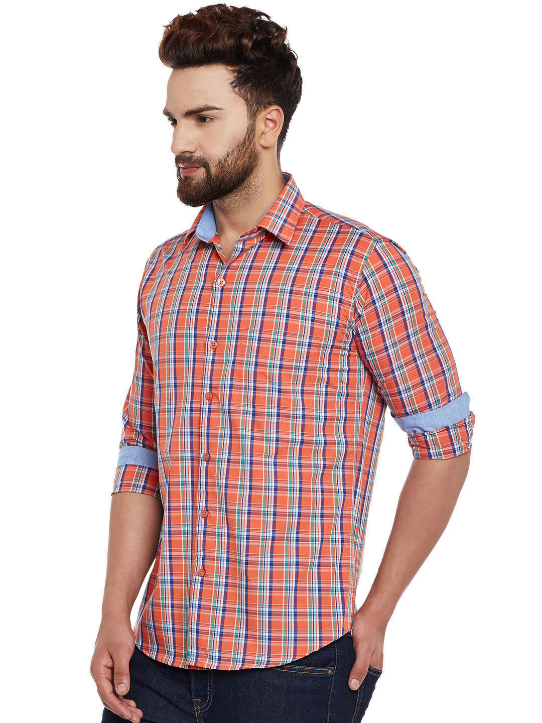 Men Orange Checks  Pure Cotton Slim Fit Casual Shirt